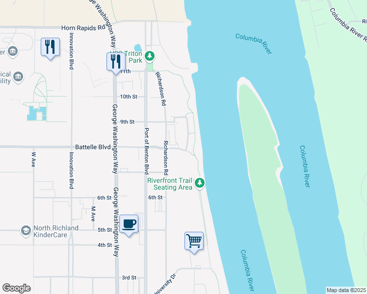 map of restaurants, bars, coffee shops, grocery stores, and more near 230 Battelle Boulevard in Richland