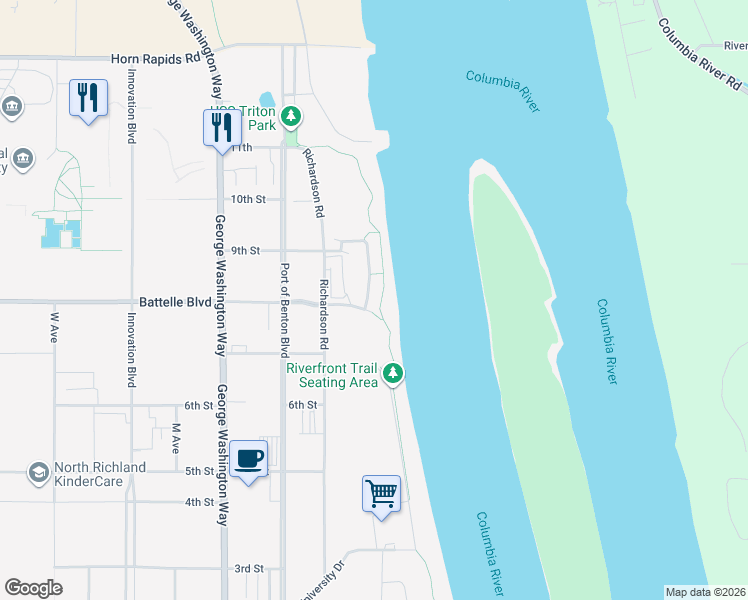 map of restaurants, bars, coffee shops, grocery stores, and more near 3111 Willow Pointe Drive in Richland