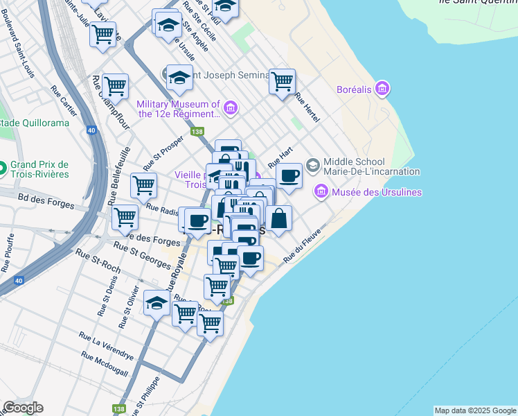 map of restaurants, bars, coffee shops, grocery stores, and more near 145 Rue Laviolette in Trois-Rivières