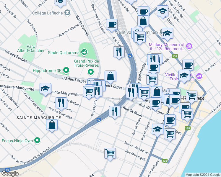 map of restaurants, bars, coffee shops, grocery stores, and more near in Trois-Rivières