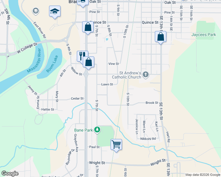 map of restaurants, bars, coffee shops, grocery stores, and more near 1407 South 8th Street in Brainerd