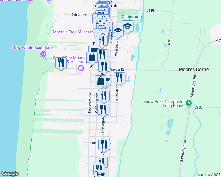 map of restaurants, bars, coffee shops, grocery stores, and more near 1300 Washington Avenue in Long Beach