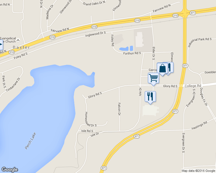 map of restaurants, bars, coffee shops, grocery stores, and more near 6986 Glory Road South in Baxter