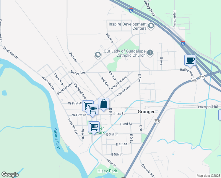 map of restaurants, bars, coffee shops, grocery stores, and more near 200 3rd Avenue in Granger