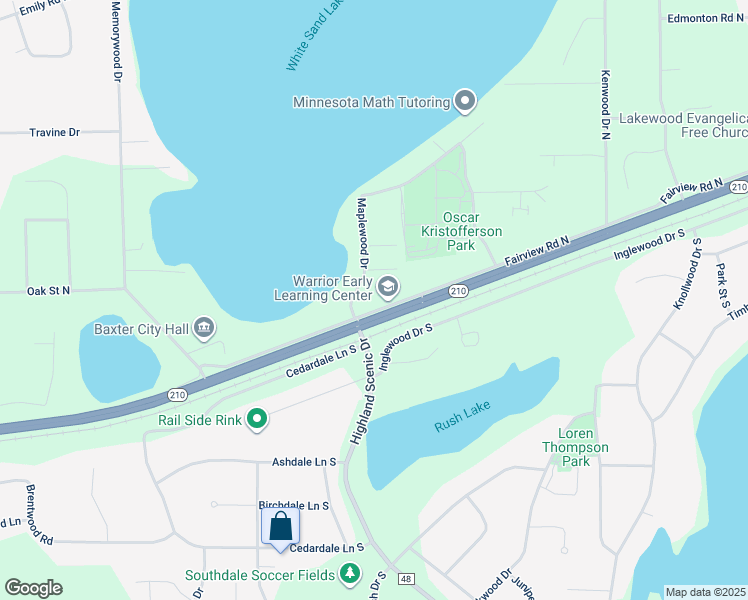 map of restaurants, bars, coffee shops, grocery stores, and more near 5546 Fairview Road North in Baxter