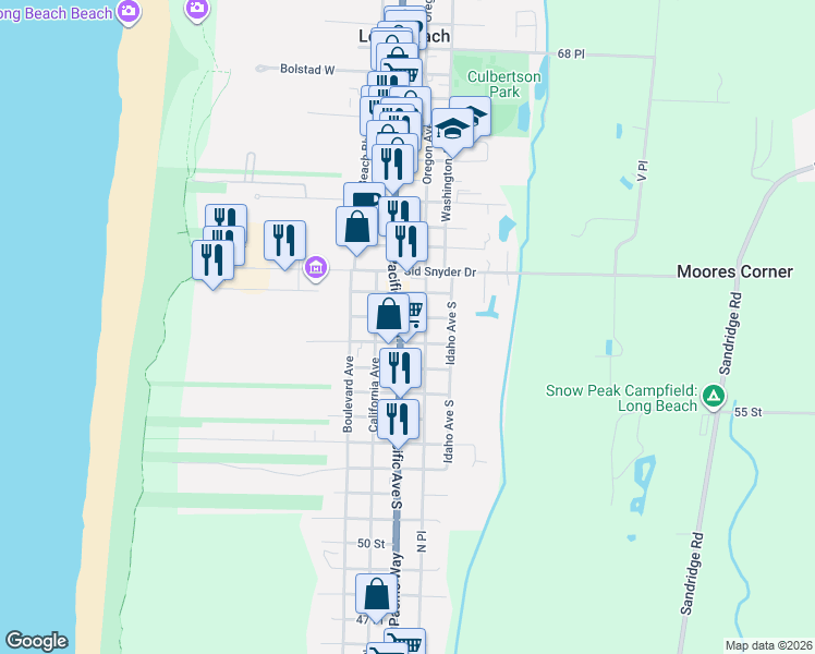 map of restaurants, bars, coffee shops, grocery stores, and more near 105 13th Street Southwest in Long Beach