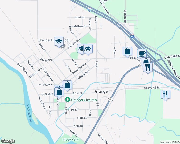 map of restaurants, bars, coffee shops, grocery stores, and more near 418 Liberty Avenue in Granger