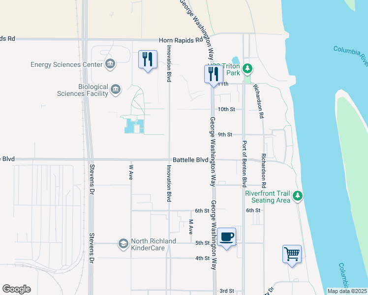 map of restaurants, bars, coffee shops, grocery stores, and more near 620 Battelle Boulevard in Richland