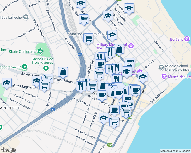 map of restaurants, bars, coffee shops, grocery stores, and more near 700 Rue Radisson in Trois-Rivières