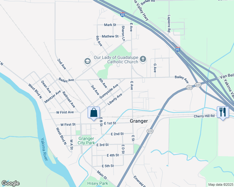 map of restaurants, bars, coffee shops, grocery stores, and more near 200-504 Liberty Ave in Granger