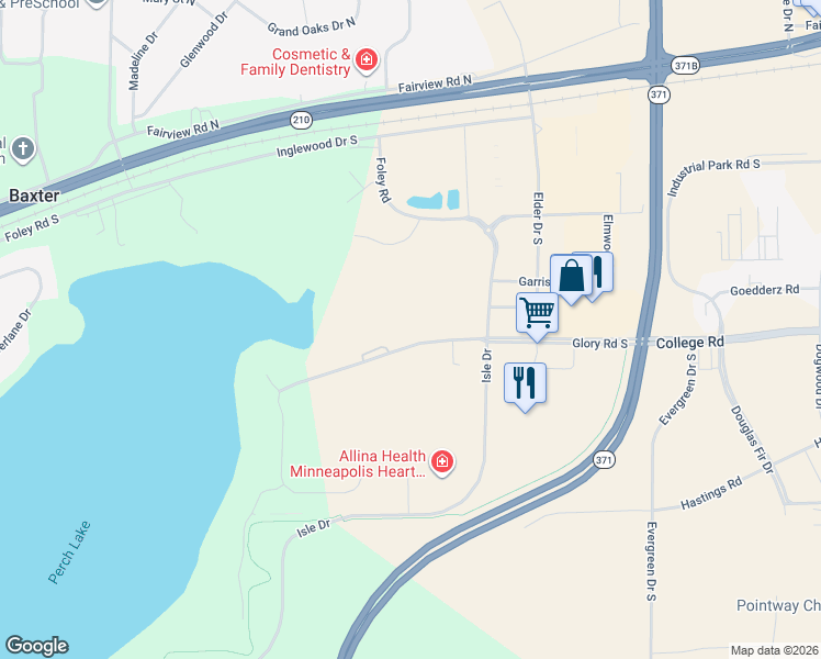 map of restaurants, bars, coffee shops, grocery stores, and more near 6986 Glory Road South in Baxter