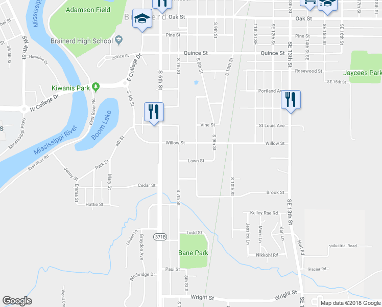 map of restaurants, bars, coffee shops, grocery stores, and more near 1314 South 8th Street in Brainerd