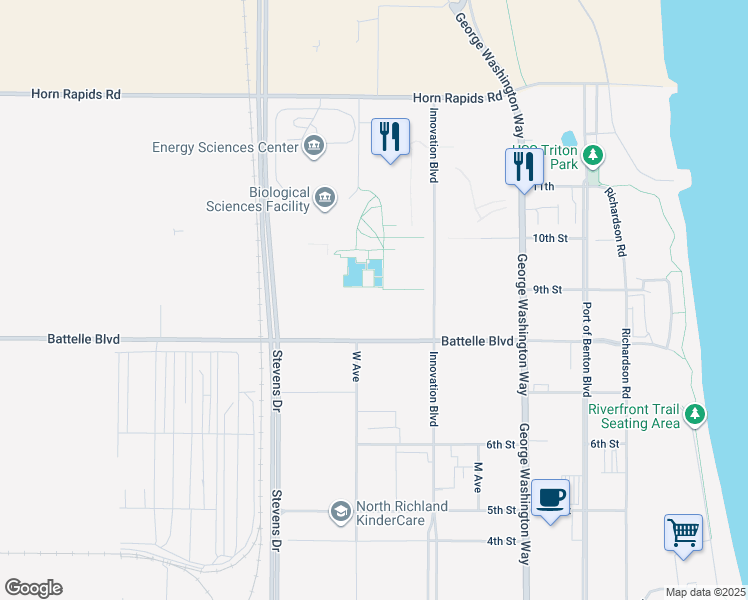 map of restaurants, bars, coffee shops, grocery stores, and more near 902 Battelle Boulevard in Richland