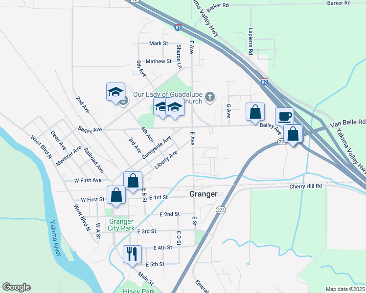 map of restaurants, bars, coffee shops, grocery stores, and more near 504 Liberty Ave in Granger