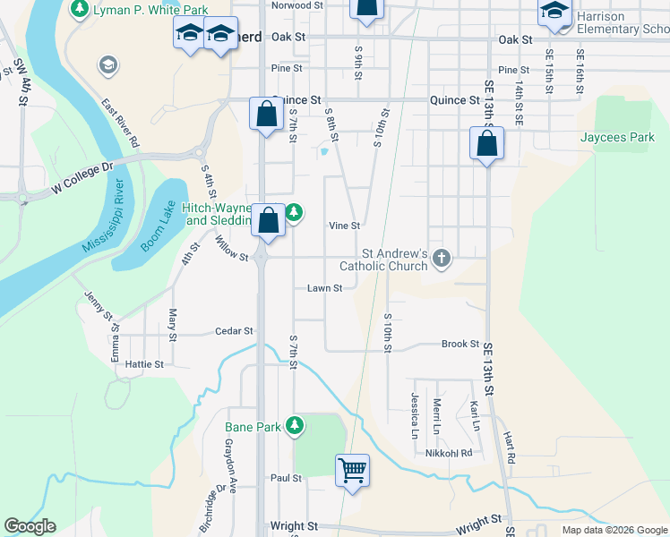 map of restaurants, bars, coffee shops, grocery stores, and more near 811 Willow Street in Brainerd
