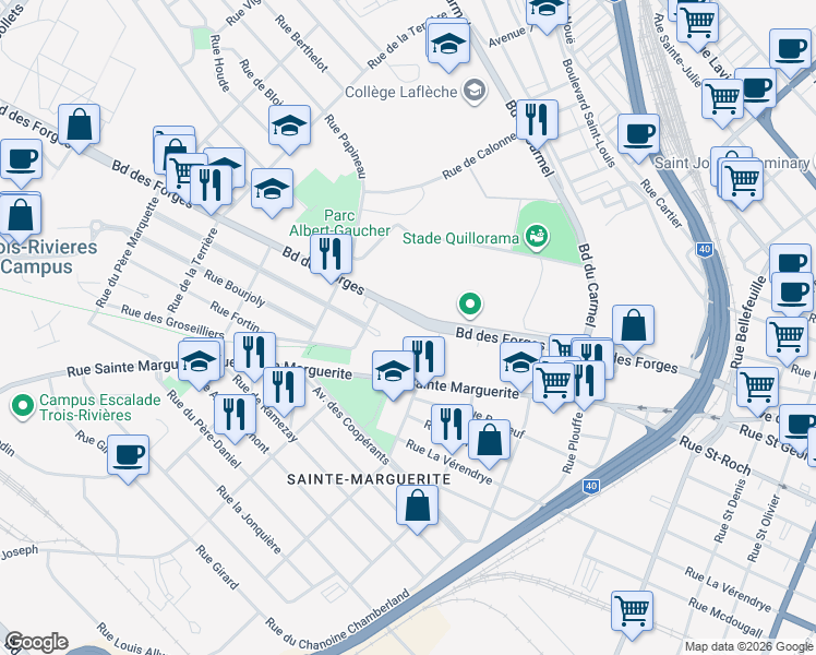 map of restaurants, bars, coffee shops, grocery stores, and more near 1925 Boulevard des Forges in Trois-Rivières