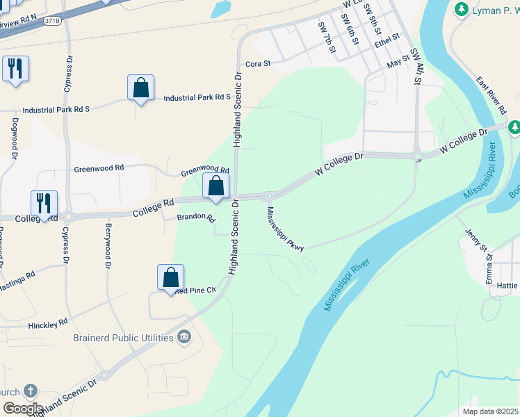 map of restaurants, bars, coffee shops, grocery stores, and more near 1203 West Campus Drive in Brainerd