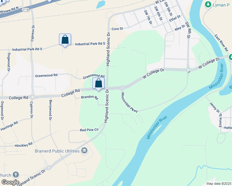 map of restaurants, bars, coffee shops, grocery stores, and more near 1204 West Campus Drive in Brainerd