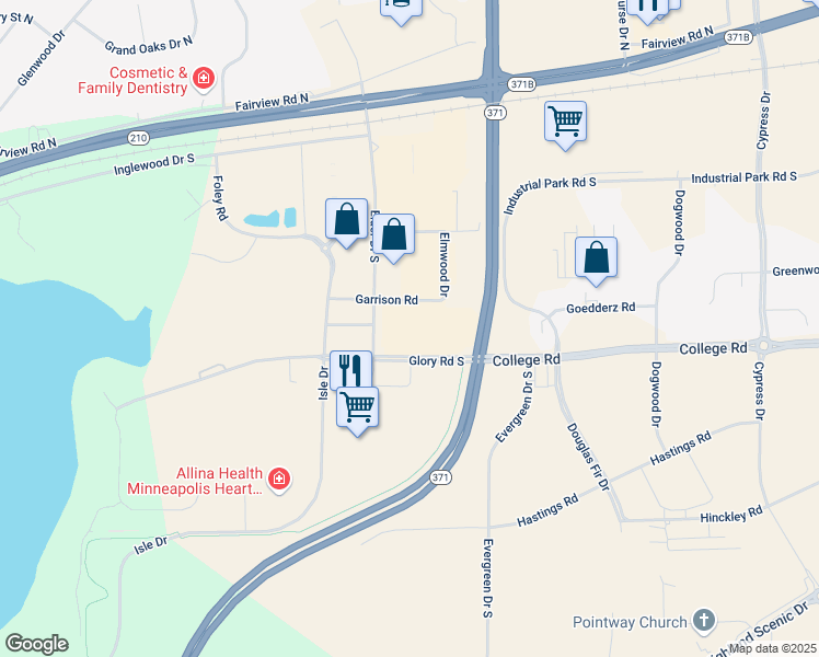 map of restaurants, bars, coffee shops, grocery stores, and more near 7352 Glory Road South in Baxter