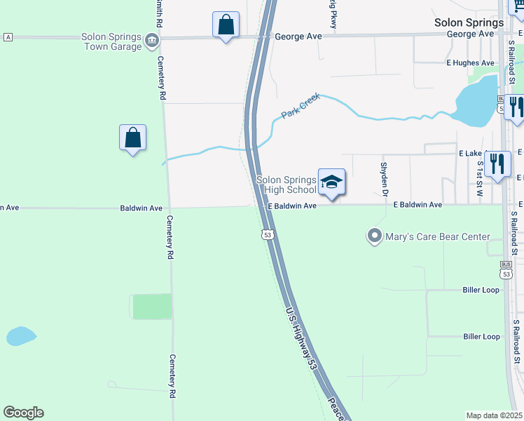 map of restaurants, bars, coffee shops, grocery stores, and more near U.S. 53 in Solon Springs