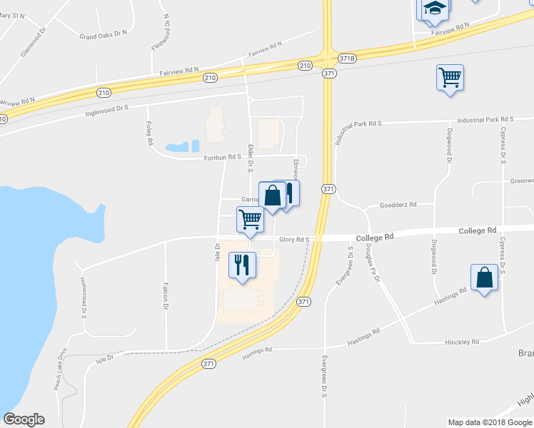 map of restaurants, bars, coffee shops, grocery stores, and more near 7352 Glory Road South in Baxter