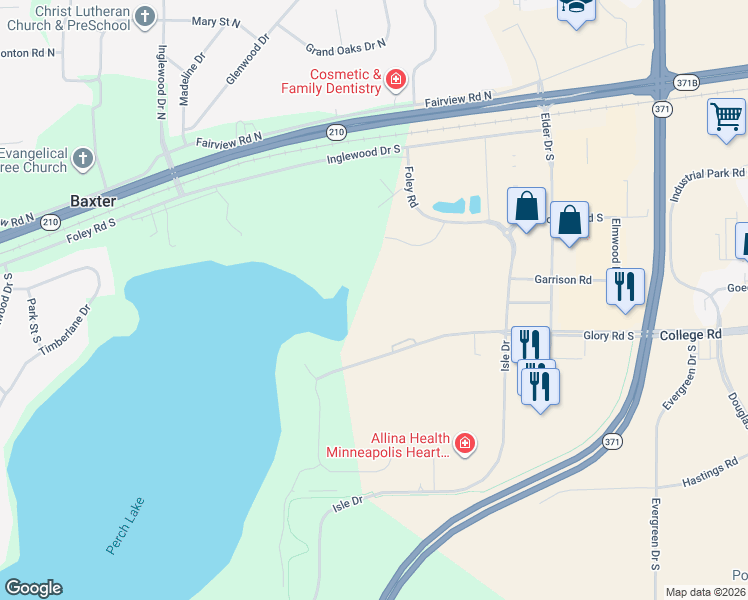 map of restaurants, bars, coffee shops, grocery stores, and more near 6940 Glory Road South in Baxter