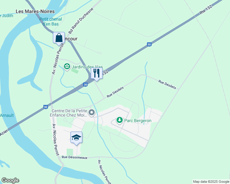 map of restaurants, bars, coffee shops, grocery stores, and more near Rue Désilets in Bécancour