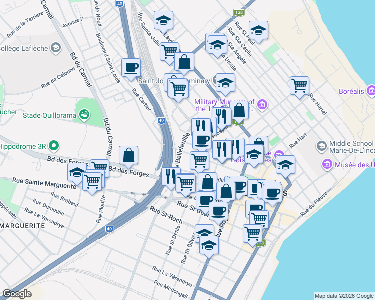 map of restaurants, bars, coffee shops, grocery stores, and more near 790 Rue Bonaventure in Trois-Rivières
