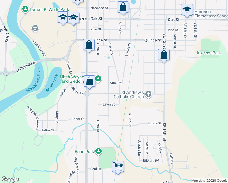 map of restaurants, bars, coffee shops, grocery stores, and more near 811 Willow Street in Brainerd