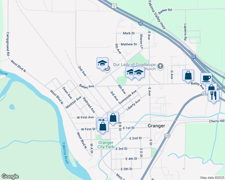 map of restaurants, bars, coffee shops, grocery stores, and more near 200-298 3rd Avenue in Granger