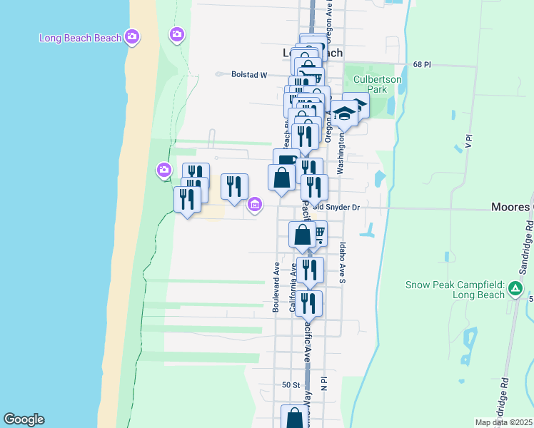 map of restaurants, bars, coffee shops, grocery stores, and more near 301 Sid Snyder Drive in Long Beach