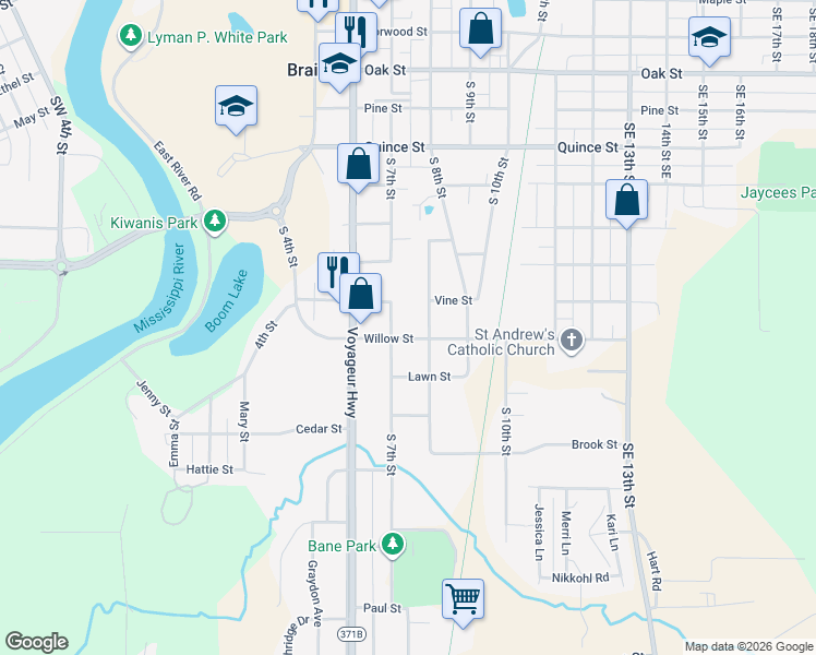 map of restaurants, bars, coffee shops, grocery stores, and more near 709 Willow St in Brainerd