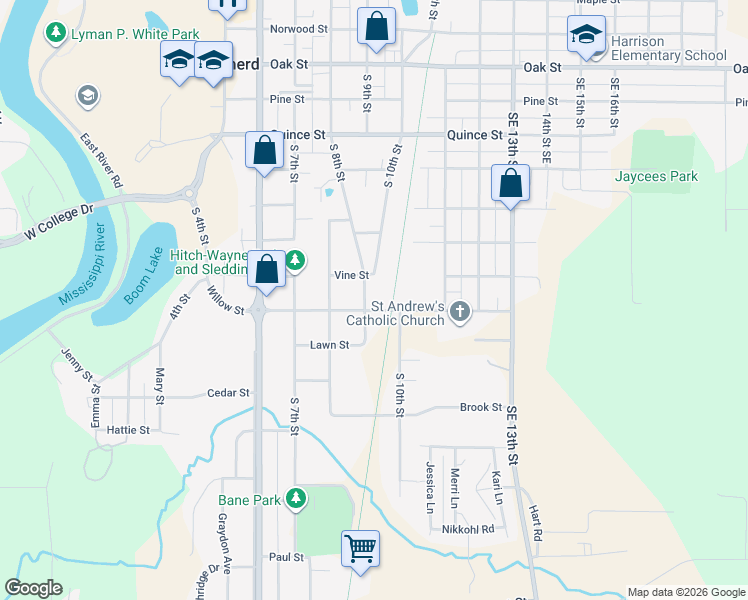 map of restaurants, bars, coffee shops, grocery stores, and more near 911 Willow Street in Brainerd