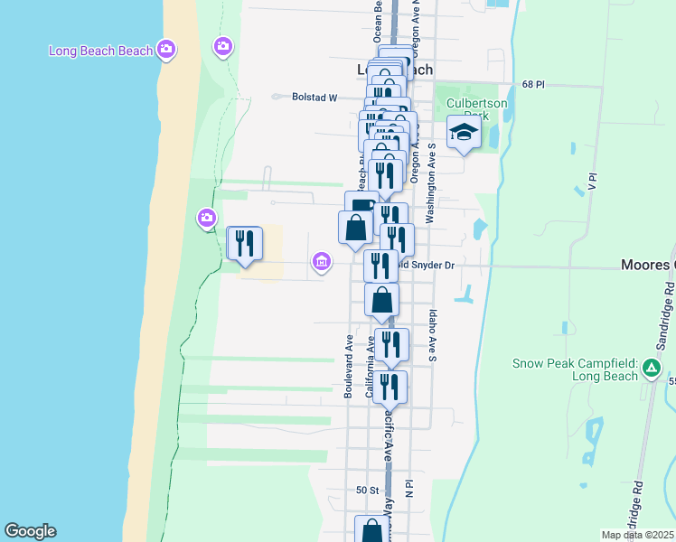 map of restaurants, bars, coffee shops, grocery stores, and more near 301 Sid Snyder Drive in Long Beach