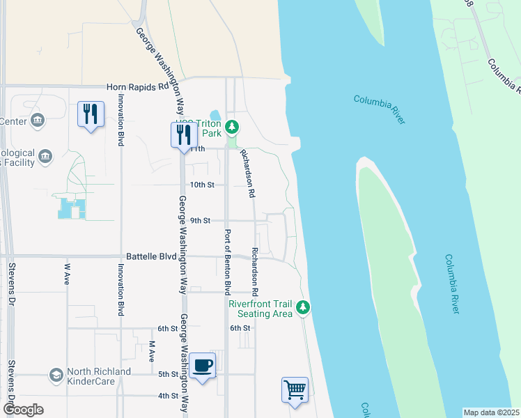 map of restaurants, bars, coffee shops, grocery stores, and more near 299 River Haven Court in Richland