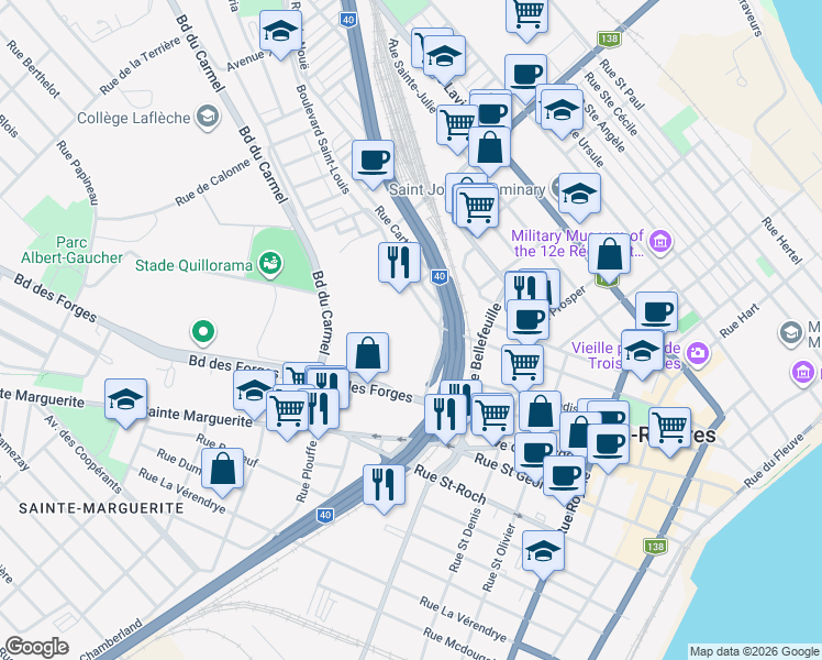 map of restaurants, bars, coffee shops, grocery stores, and more near 873 Boulevard Saint-Louis in Trois-Rivières