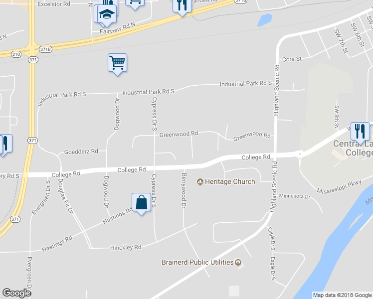 map of restaurants, bars, coffee shops, grocery stores, and more near 13401 Birch Drive South in Baxter