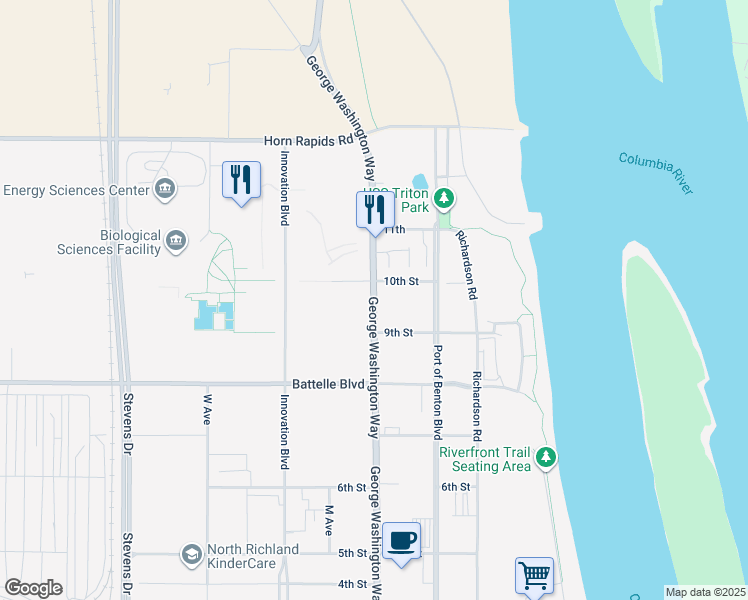 map of restaurants, bars, coffee shops, grocery stores, and more near 3170 George Washington Way in Richland