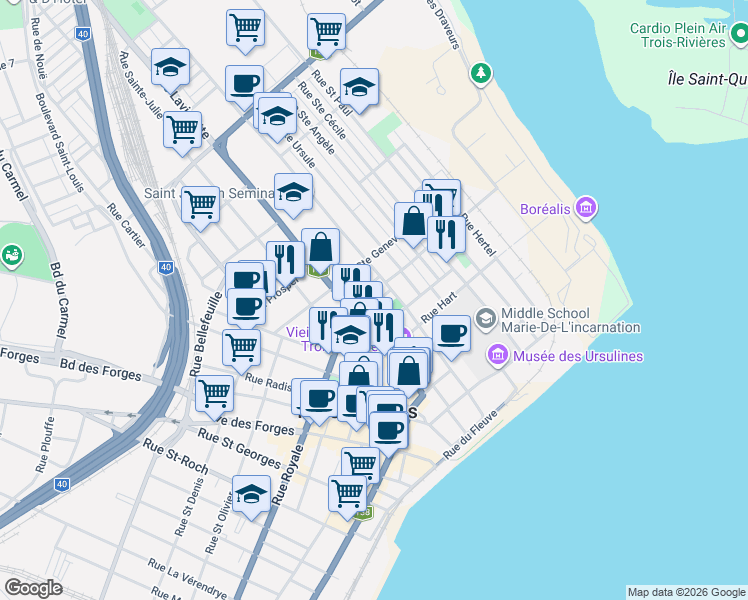 map of restaurants, bars, coffee shops, grocery stores, and more near 870 Rue du Haut Boc in Trois-Rivières