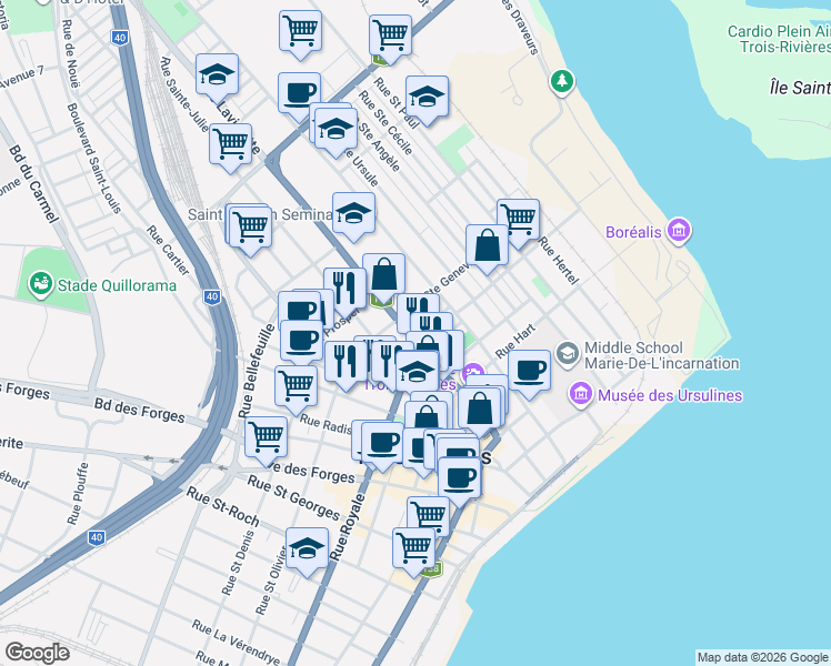 map of restaurants, bars, coffee shops, grocery stores, and more near 462 Rue Laviolette in Trois-Rivières