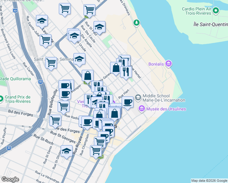 map of restaurants, bars, coffee shops, grocery stores, and more near 400 Rue Saint François Xavier in Trois-Riviã¨Res