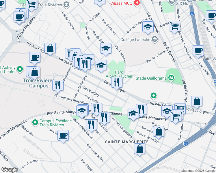 map of restaurants, bars, coffee shops, grocery stores, and more near 2605 Boulevard des Forges in Trois-Rivières