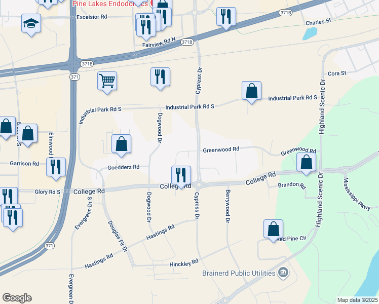 map of restaurants, bars, coffee shops, grocery stores, and more near 8006 Cypress Drive South in Baxter