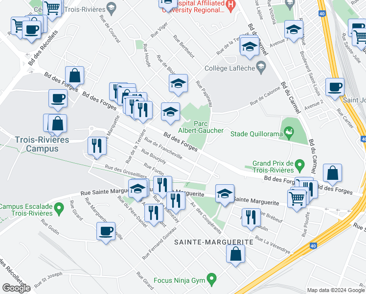 map of restaurants, bars, coffee shops, grocery stores, and more near 2605 Boulevard des Forges in Trois-Rivières