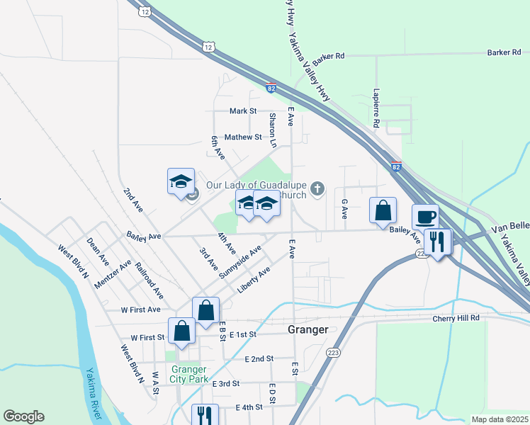 map of restaurants, bars, coffee shops, grocery stores, and more near 701 E Avenue in Granger