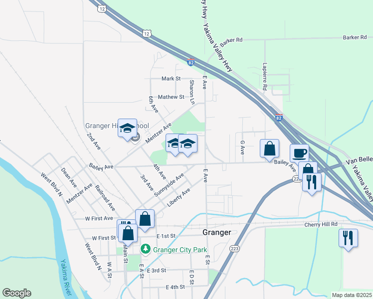 map of restaurants, bars, coffee shops, grocery stores, and more near 701 E Avenue in Granger