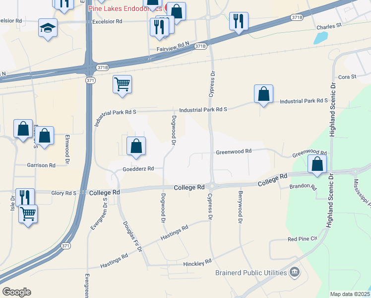 map of restaurants, bars, coffee shops, grocery stores, and more near 7970 Greenwood Road in Baxter