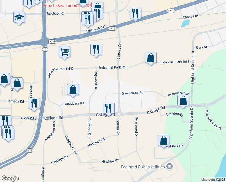 map of restaurants, bars, coffee shops, grocery stores, and more near 8006 Cypress Drive South in Baxter