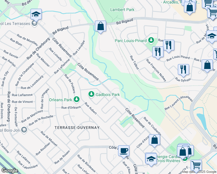 map of restaurants, bars, coffee shops, grocery stores, and more near 3640 Côte Rosemont in Trois-Rivières