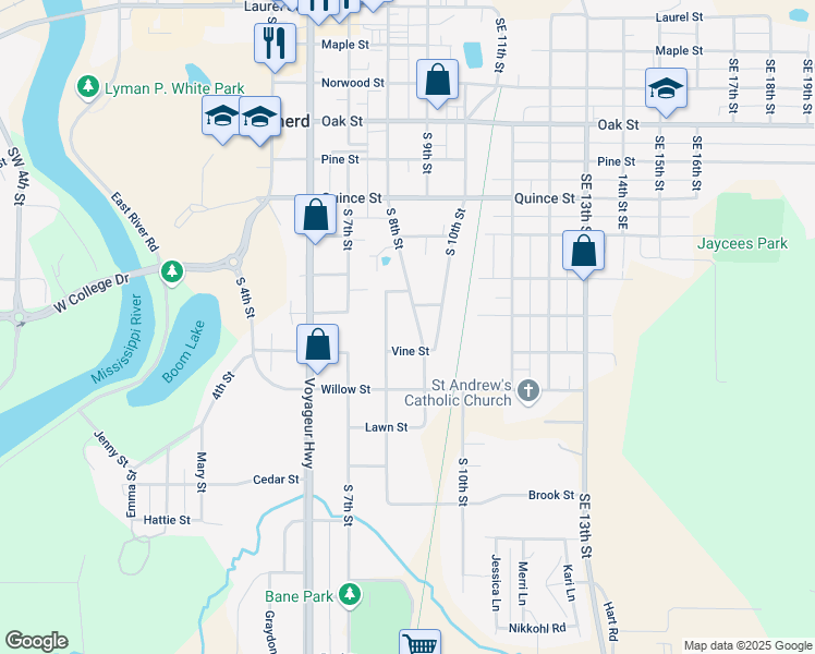 map of restaurants, bars, coffee shops, grocery stores, and more near 1110 Broadway Street in Brainerd